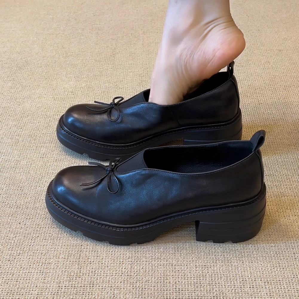 RubyL/6cm小个子通勤百搭蝴蝶结一脚蹬圆头深口粗跟厚底单鞋女款