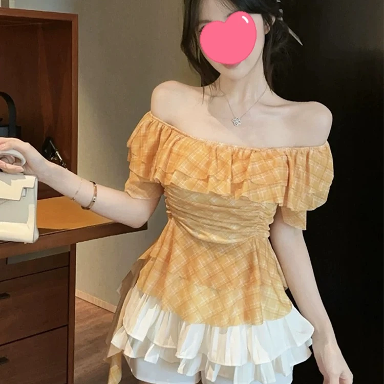 一字肩荷叶边黄色格纹衬衫女夏季纯欲露肩鱼骨小上衣独特绝美衬衣