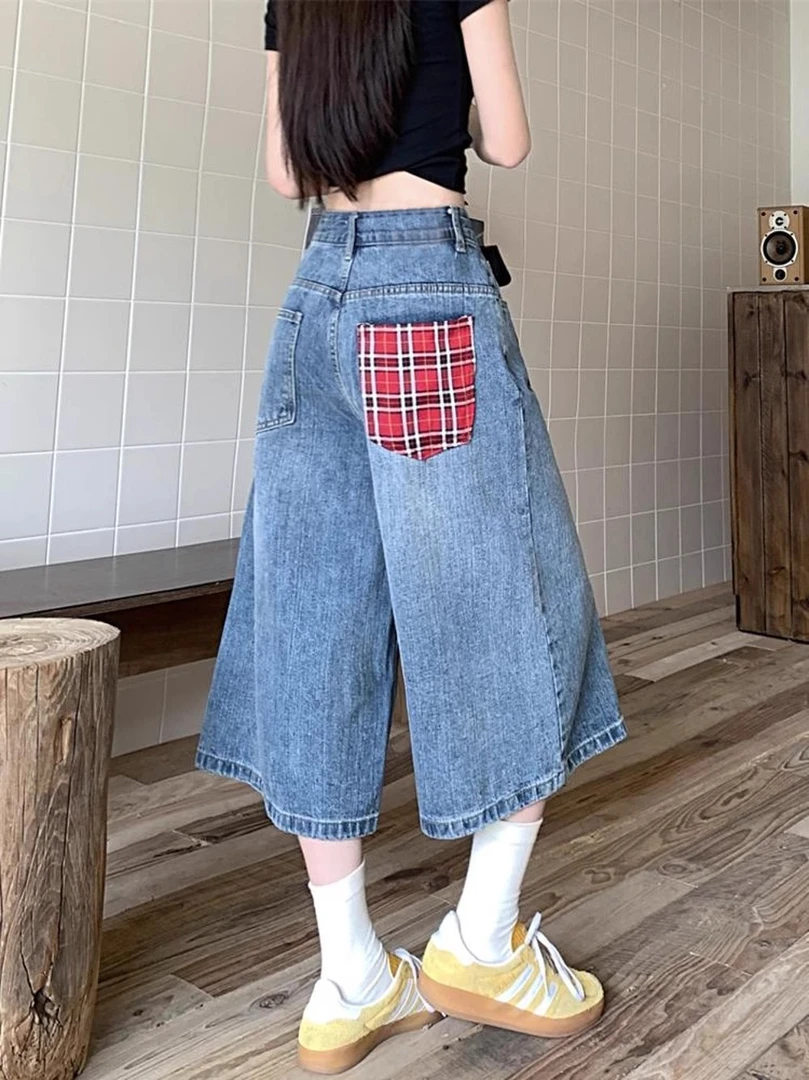 夏季拼接水洗七分牛仔裤无弹力阔腿裤牛仔裤韩版宽松欧若新中式