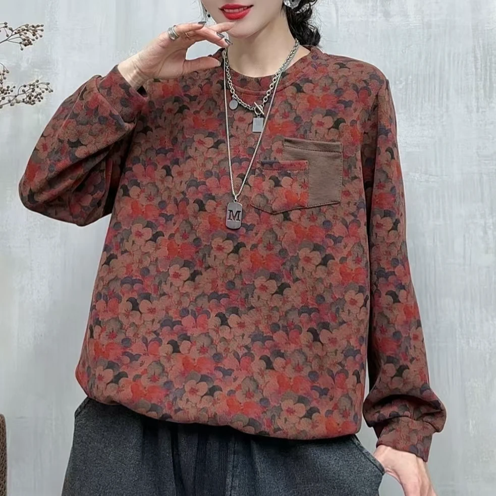 578新款春秋长袖卫衣休闲时尚百搭宽松印花圆领碎花打底上衣女