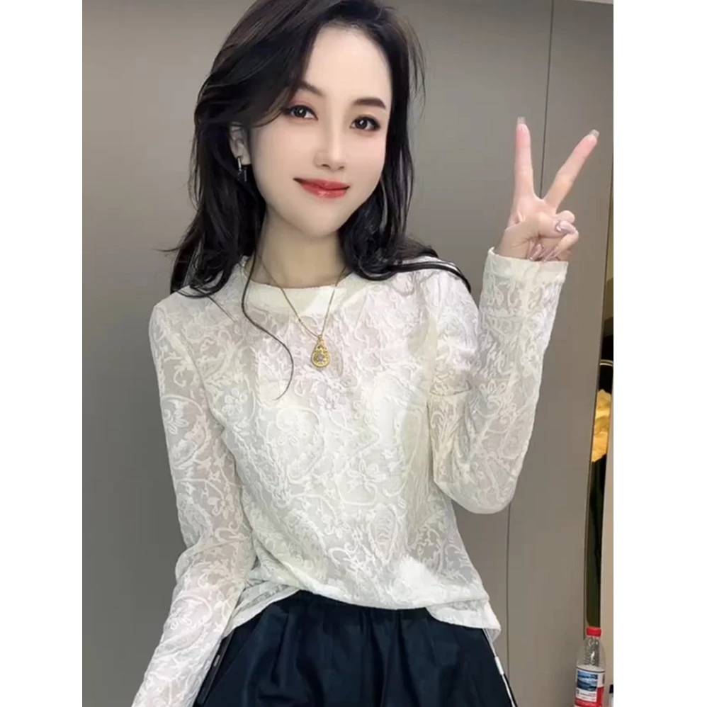 法式温柔风蕾丝拼接长袖T恤女装2025秋季新款高级感内搭休闲上衣