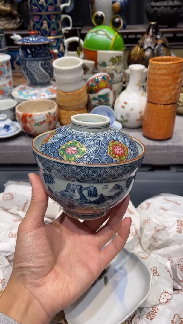 瓷片青花山水盖碗