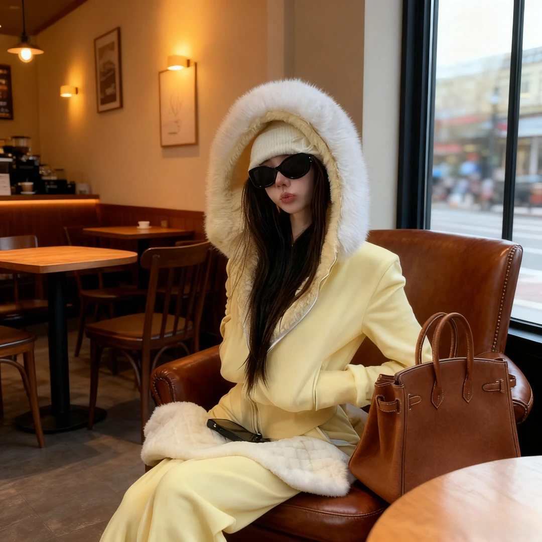 时尚高级感简约运动套装女冬季款保暖修身毛领连帽外套长裤两件套