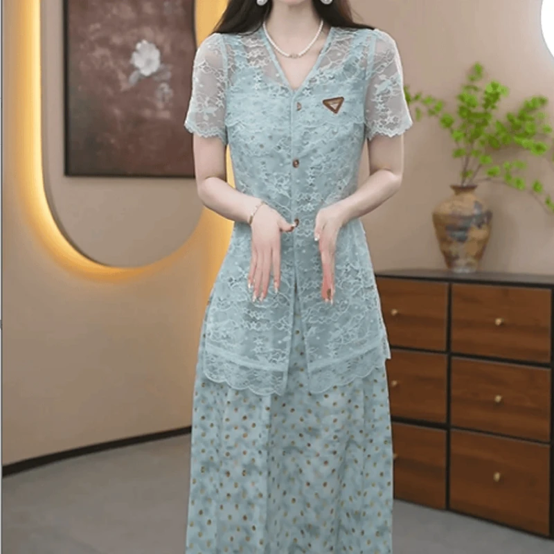 873【外衫+吊带裙】2025夏季新款时尚气质蕾丝钩花设计显瘦两件套