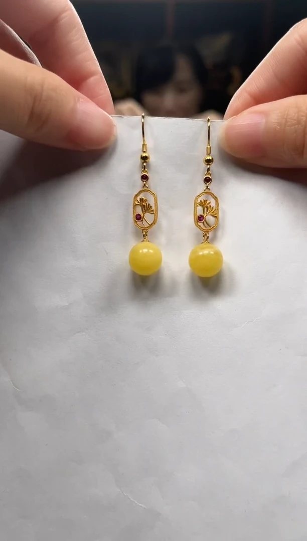 蜜蜡银S925镶嵌耳饰耳坠