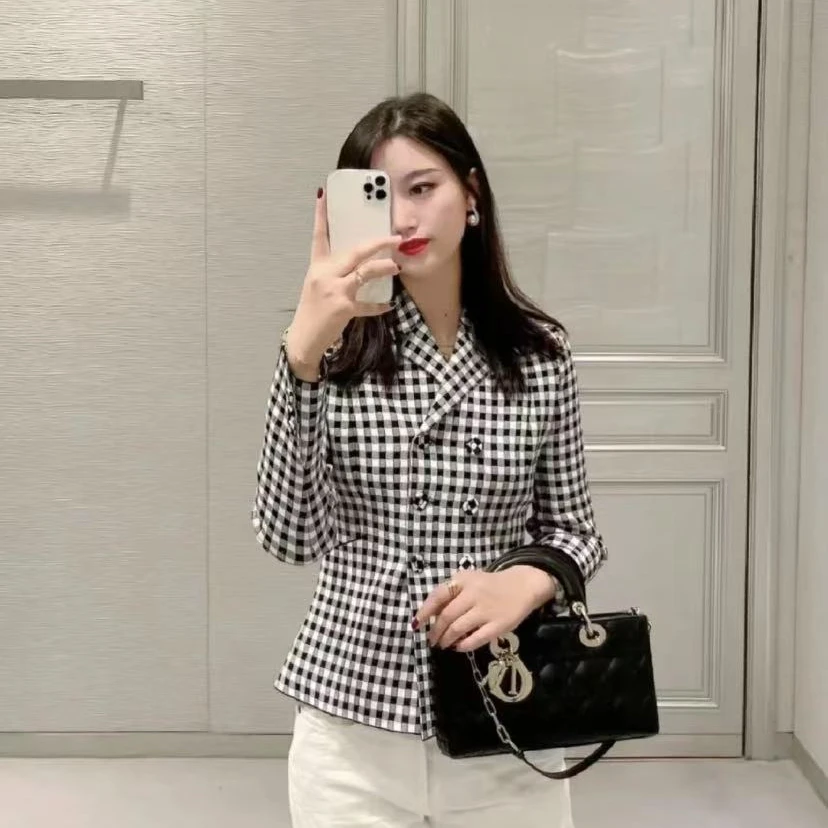 全新未使用 DIOR/迪奥 排扣格纹针织外套 黑白/36
