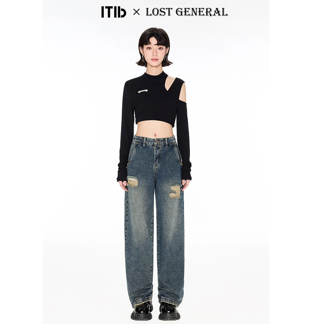 ITIB×LOST GENERAL联名款复古破洞牛仔裤IA231XZ0030