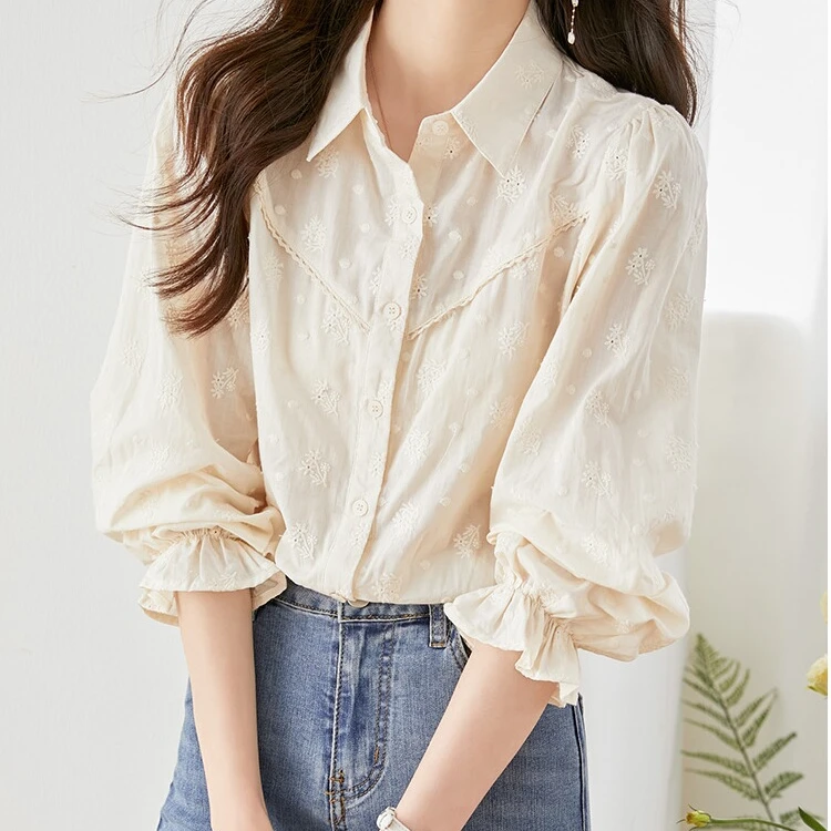 Mandsibil曼德西比利纯棉衬衣女春秋款外穿长袖衬衫刺绣2025新款