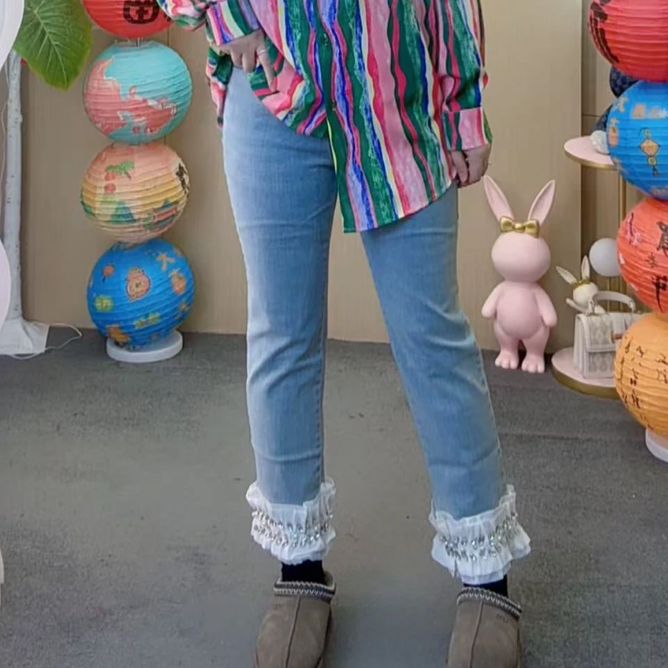 2025冬季新款牛仔裤拼接裤腿钉珠时尚百搭休闲高腰九分裤