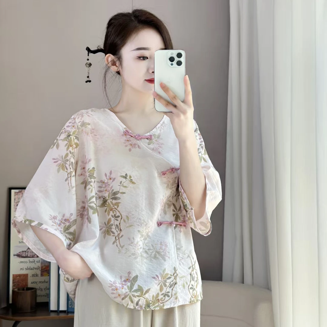 新中式夏季薄款上衣衬衫妈妈装洋气夏装短袖T恤中国风小衫