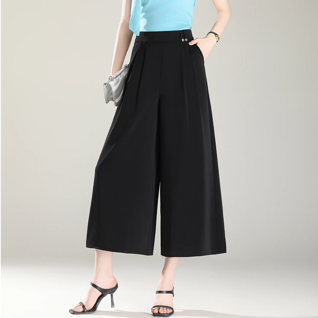 夏季凉感阔腿裤女夏季2025新款高腰抽绳肌理感慵懒韩式休闲6073