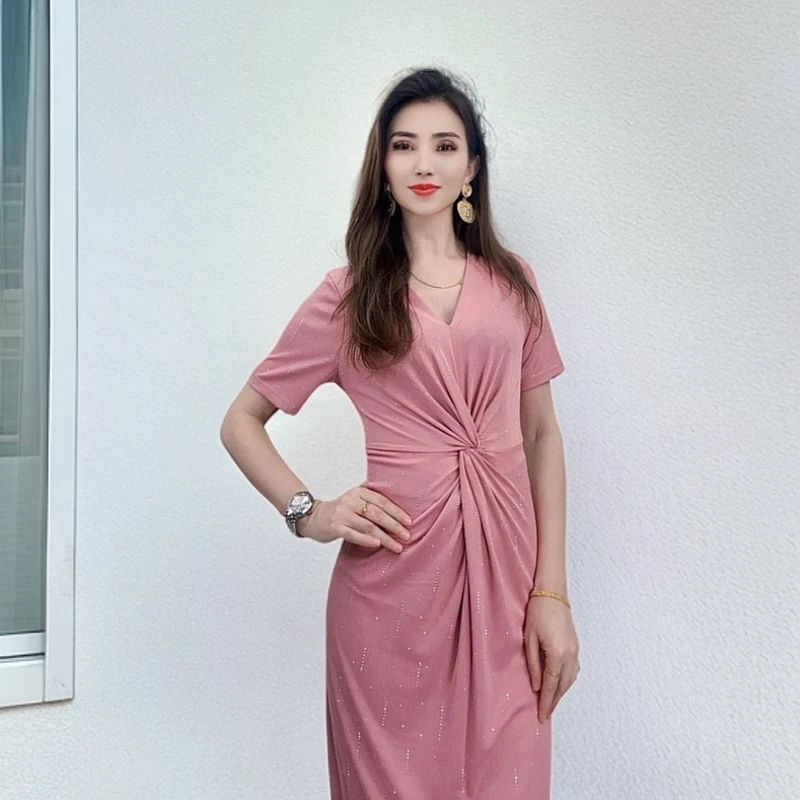 9908夏季新款烟花式烫钻V领女装连衣裙
