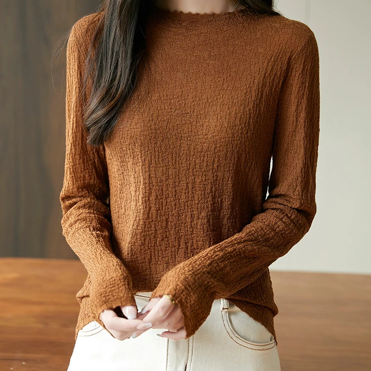 自带肌理感~精纺羊毛褶皱纹理感半高领打底长袖6119