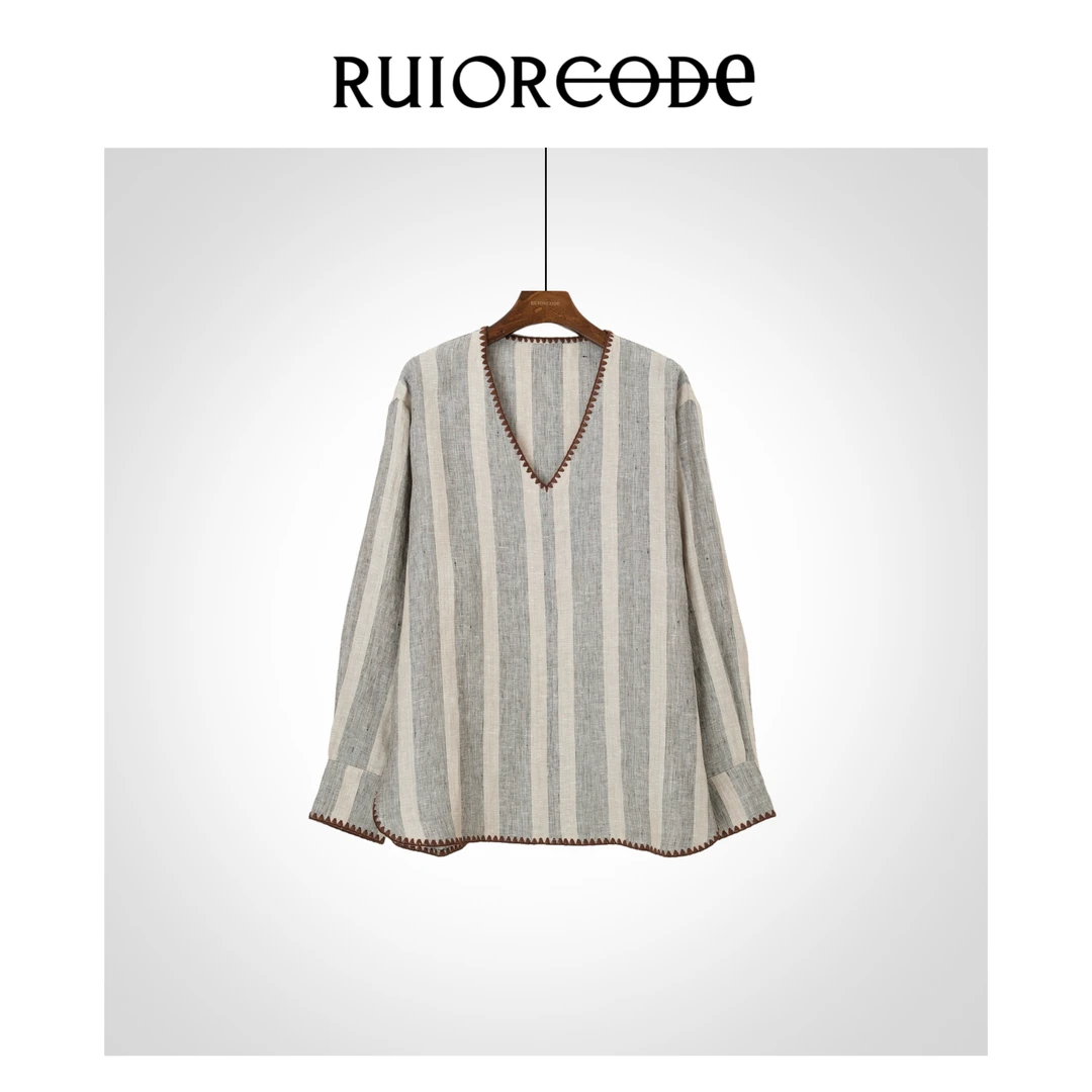 【RUIORCODE】绣花锁边V领竖条纹亚麻套头衫  理性消费