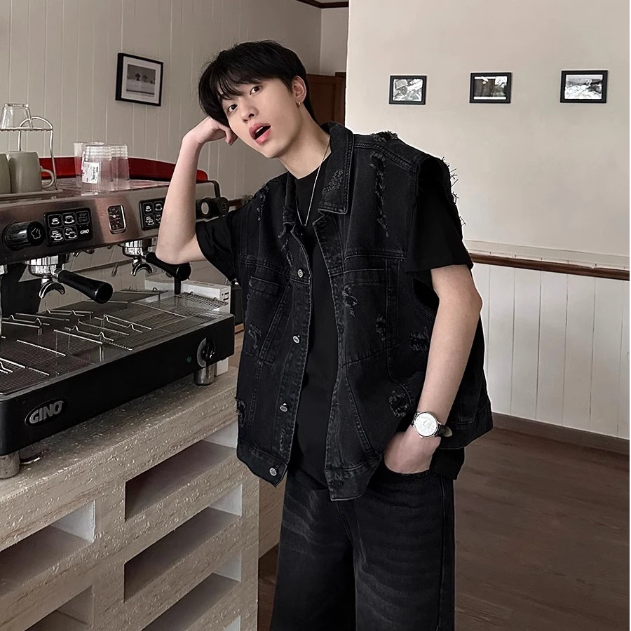 美式复古水洗磨破短款牛仔马甲外套男春夏季潮流帅气无袖坎肩上衣