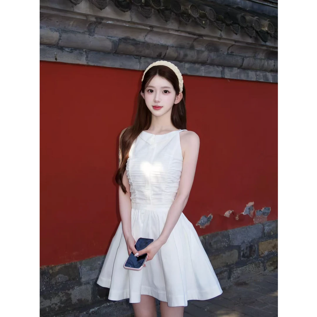 【桔梗之恋】韩系甜美少女2025夏季新款无袖衬衫领压褶蕾丝连衣裙子