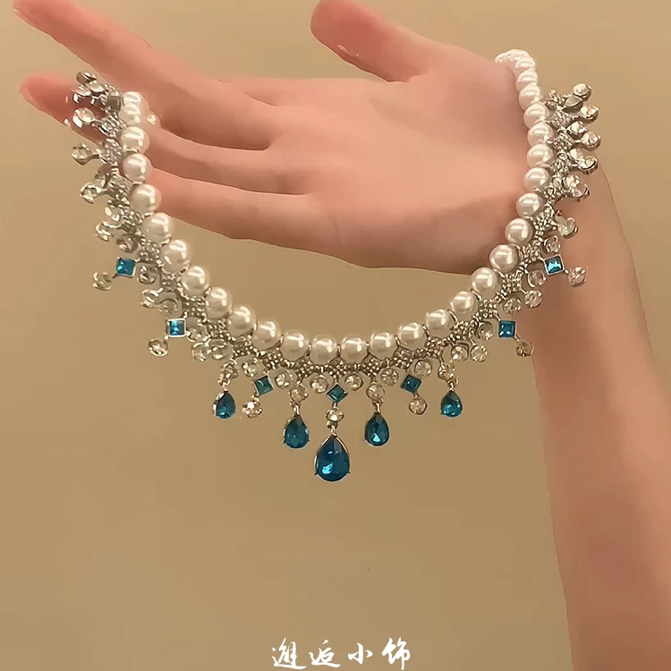 合金项链 蓝色满钻流苏项链新款高级感轻奢礼服锁骨链礼物