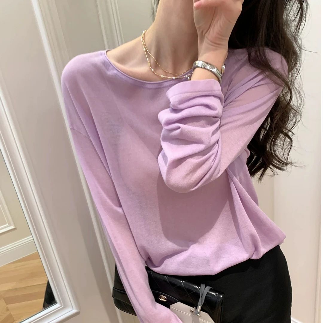 【CHEN.BAO】春夏薄款微透长袖针织衫女超薄宽松慵懒防晒衫t恤上衣