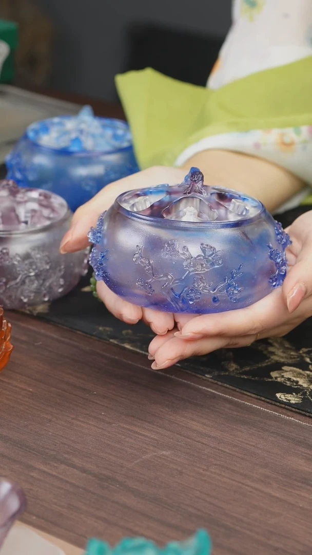 手工艺品琉璃蓝紫色梅花香炉