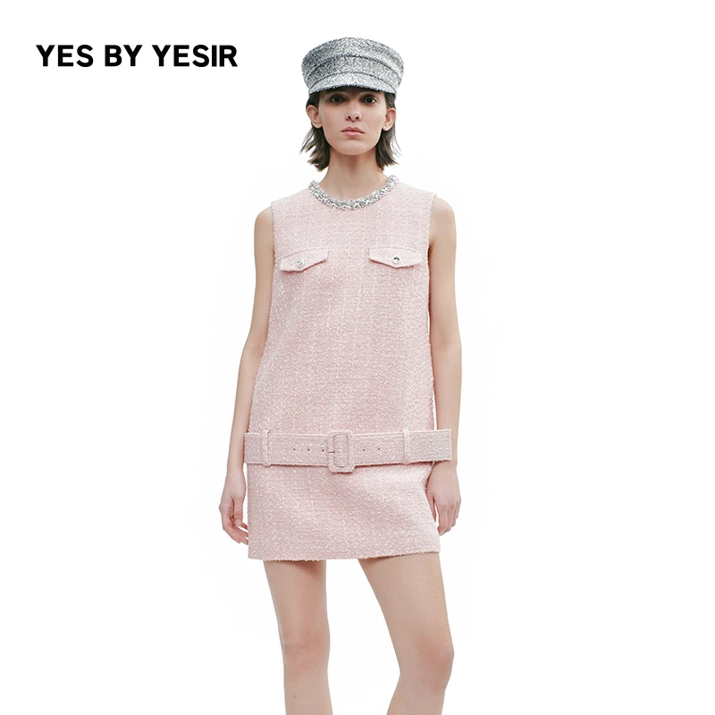 YES BY YESIR叶谦2025年秋新款粉红钻饰短款香风绵羊毛连衣裙