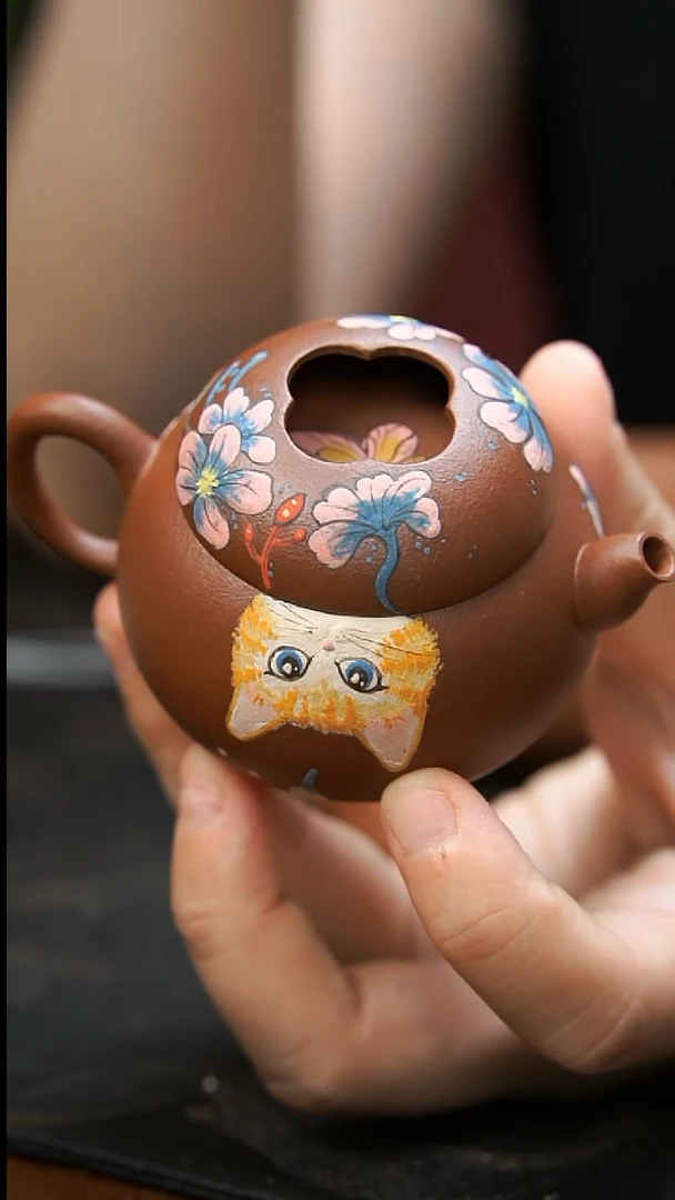 茶壶紫砂花花猫咪小壶