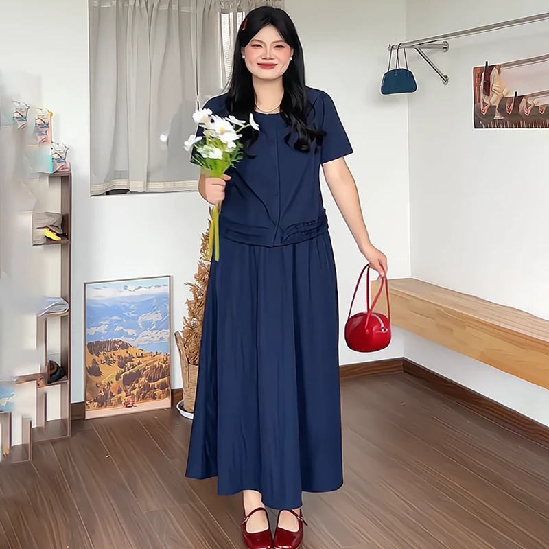 大码女装微胖mm韩版木耳边拼接短袖上衣+半身裙2025夏季气质套装