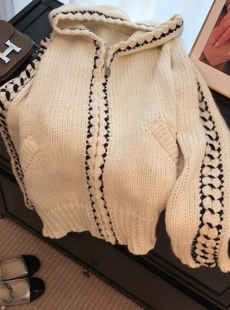 早秋韩系慵懒风松弛感小众不撞款设计感休闲拼接连帽针织毛衣外套