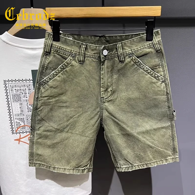 法国Cebrodz军绿色工装短裤男士潮牌休闲中裤纯棉青年拼接五分裤