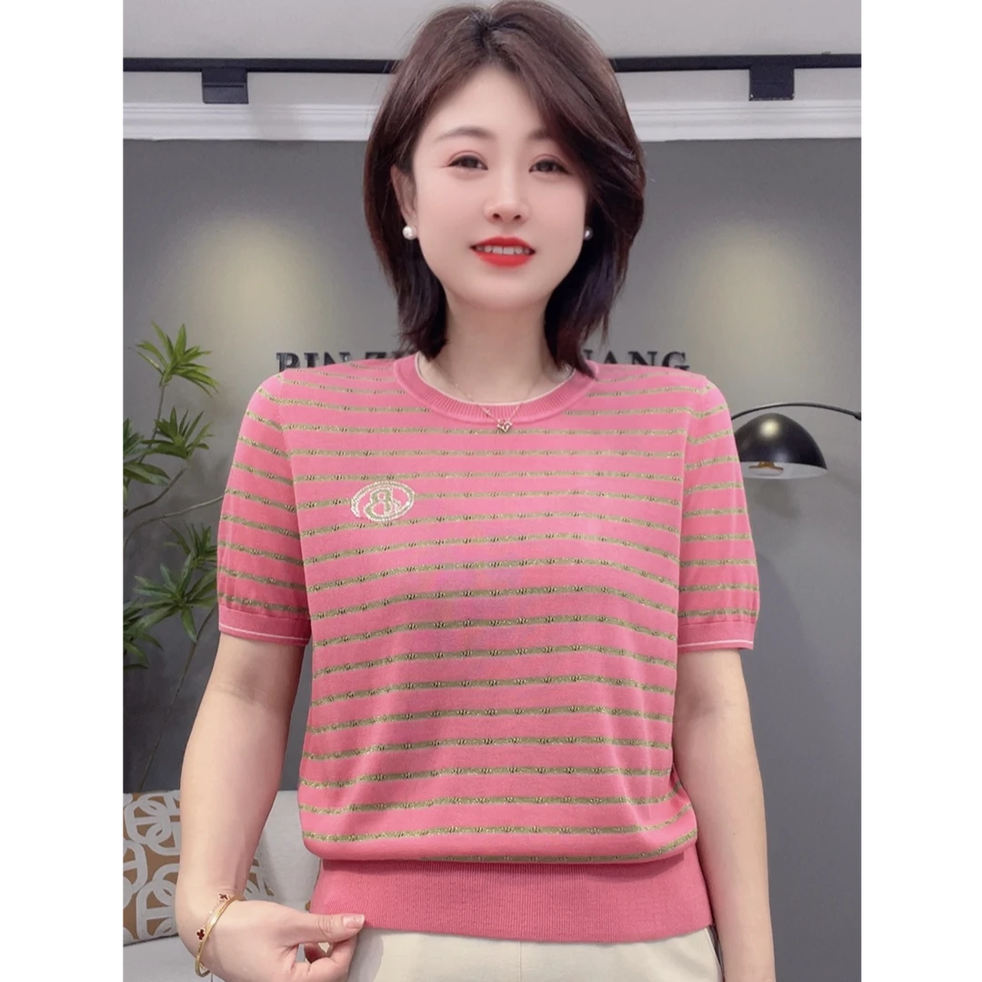 新款圆领经典条纹B字母烫钻天丝半袖S-99173