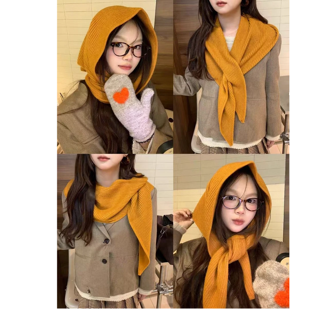 秋冬新款纯色交叉针织三角披肩外搭女韩版文艺休闲百搭护颈围巾