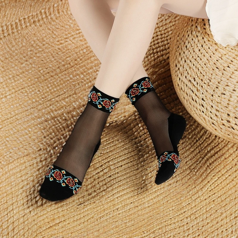 25年水晶棉底冰丝袜女中筒薄款防滑女袜中筒袜复古小花妈妈袜春夏