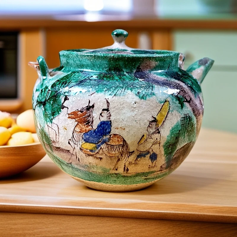 日本精美翠绿满纯手绘提梁壶，老物件请慎拍，实用欣赏收藏价值高！