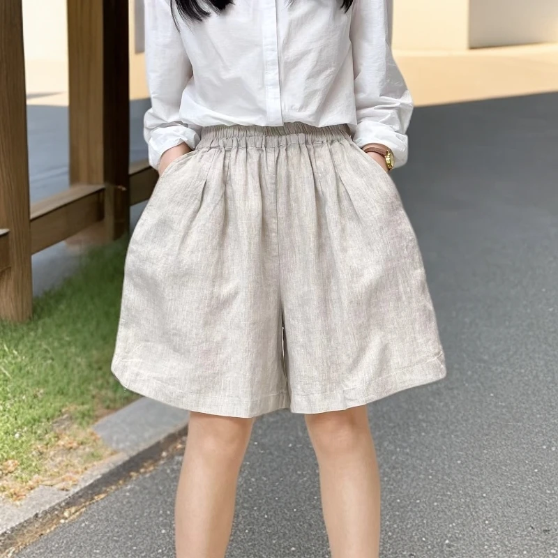 100亚麻大码 5分裤女裤松紧腰纯色潮流宽松大版短裤长47臀围135