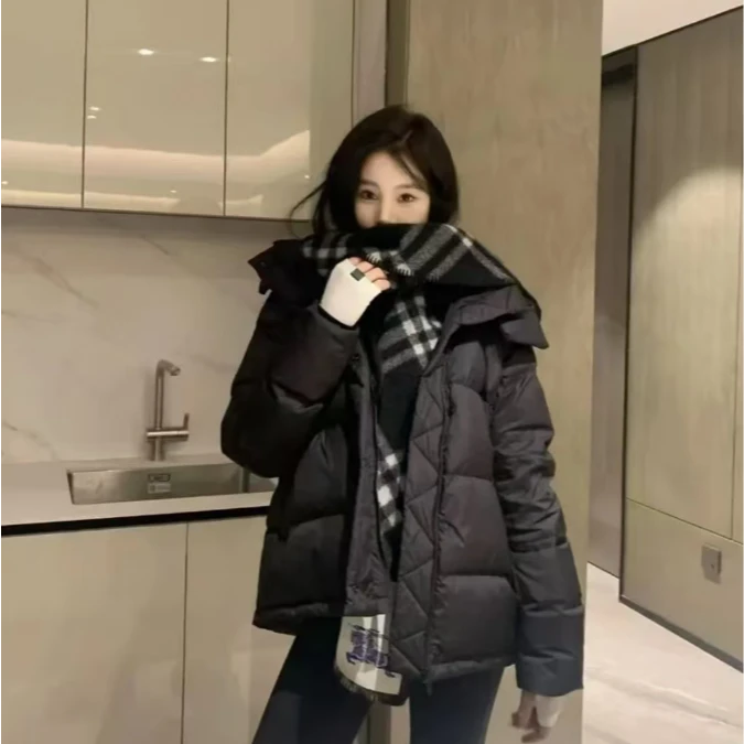 五格羽绒服外套百搭仙女低保和色气质立领连帽羽绒服