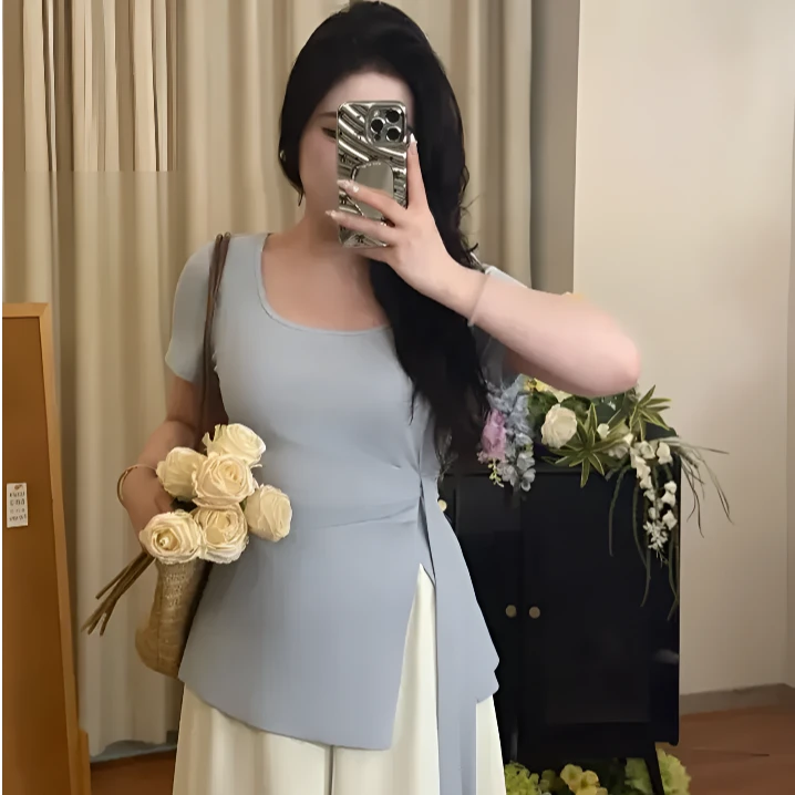 欧若风简约收腰夏季新款方领百搭时尚气质显瘦设计感小众上衣T恤