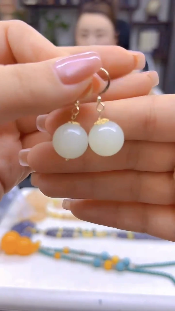和田玉（白玉）14K金镶嵌耳饰DIY款E673