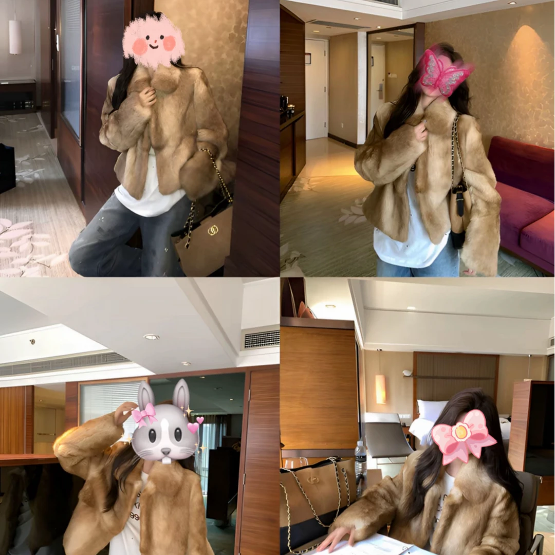 比蟹猪专属“千禧板栗”老钱风中古时尚兔毛天然皮草外套