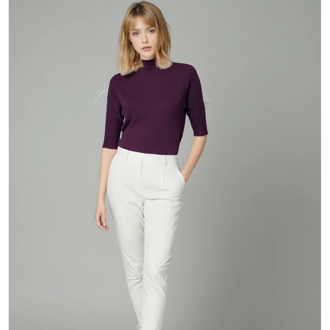 莱塞尔修身薄款纯色可机洗女短款不起球中袖紫色夏季圆领打底