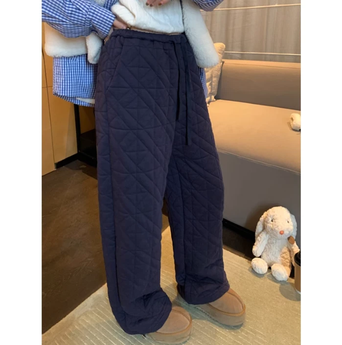 【现货】不规则菱格压线夹棉宽松休闲直筒裤松紧腰头30000