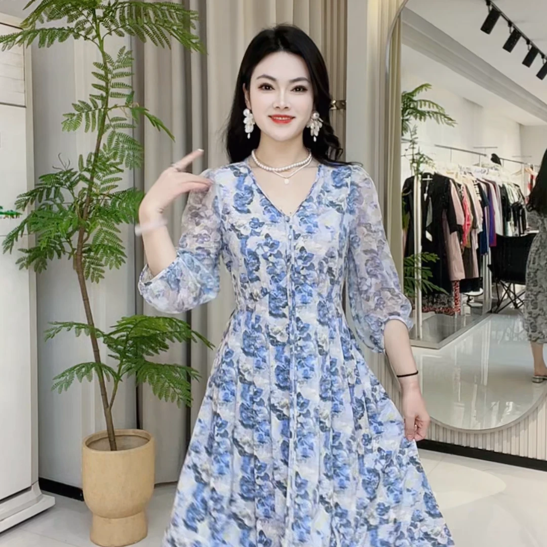 [依百万]102夏季松紧腰春夏连衣裙印花女士修身长袖气质女装