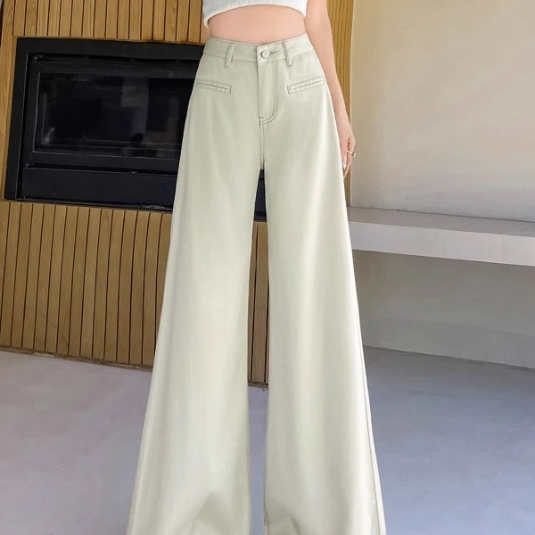 抹茶绿天丝阔腿软牛仔裤女2025夏季薄款宽松不贴腿莱赛尔大脚裤子