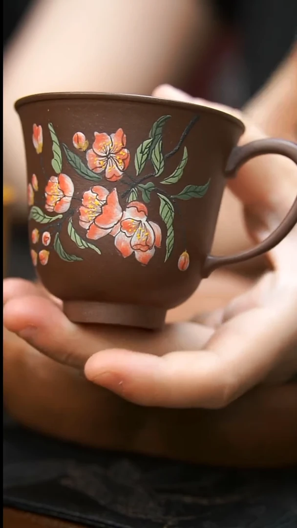 茶壶紫砂紫泥樱花手把杯微瑕
