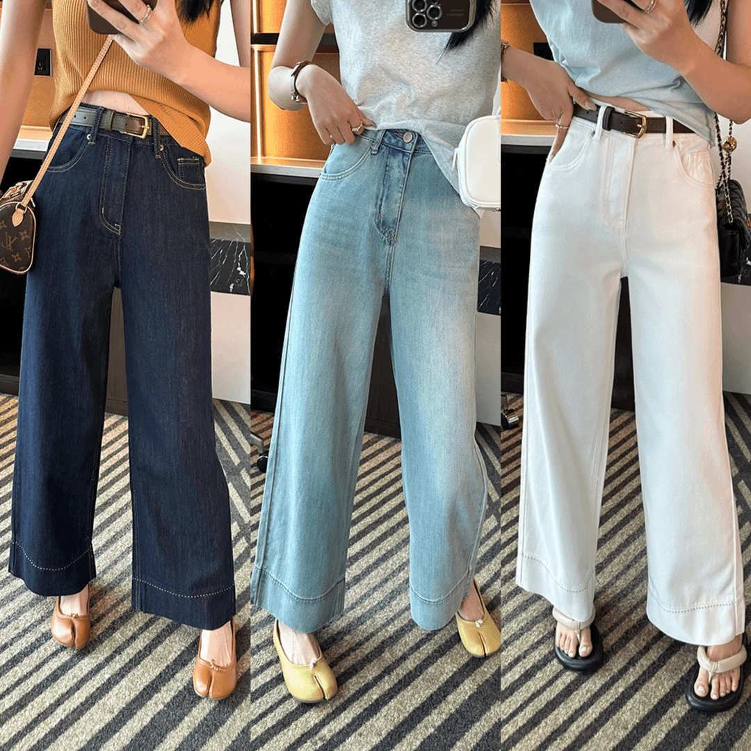 大码遮胯显瘦牛仔裤女早秋款梨形身材高腰弹力简约百搭九分直筒裤