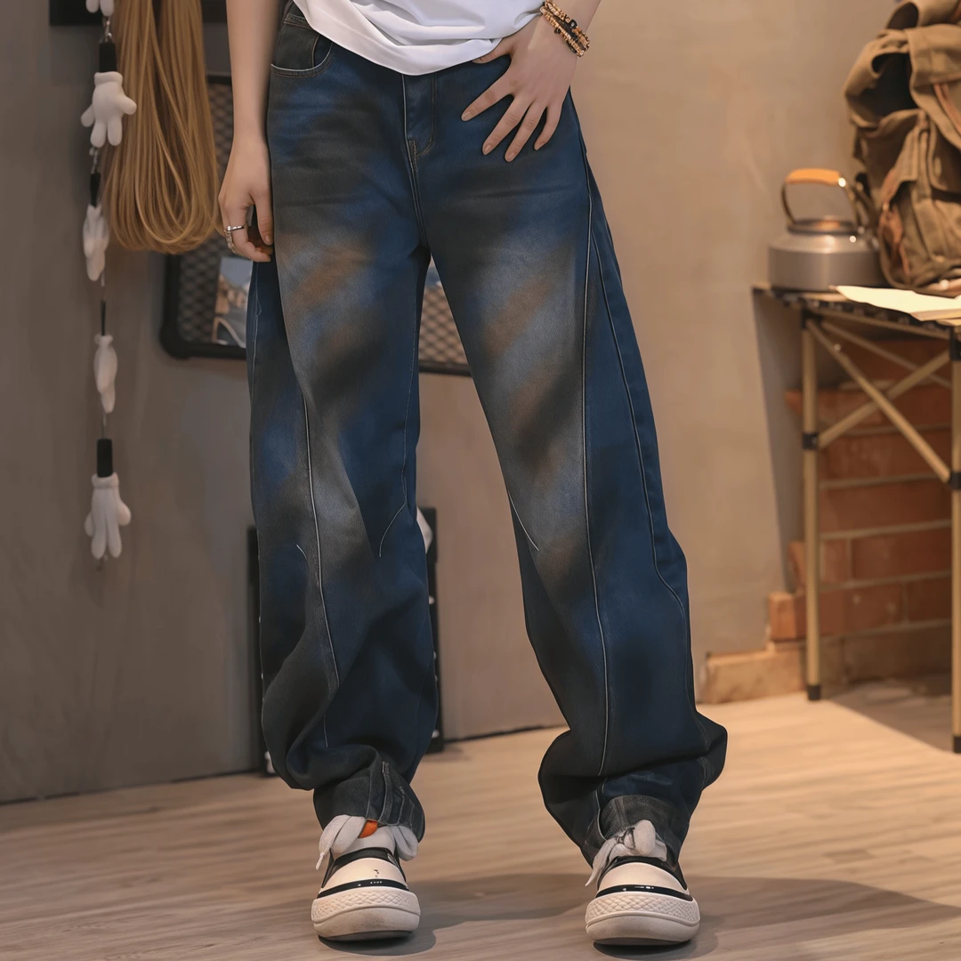 Lahamo/癞蛤蟆潮牌宽松弯刀深蓝色洗水潮男女高街宽松做旧牛仔裤