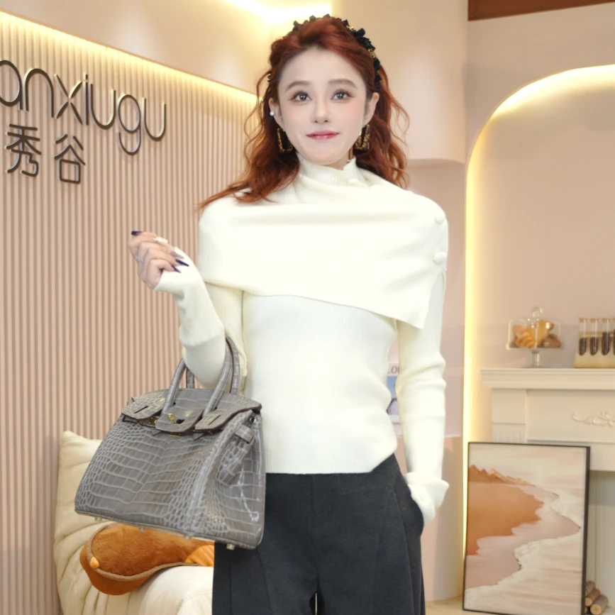 法式慵懒风设计感披肩气质修身针织衫女2025秋季新款时尚上衣Y986