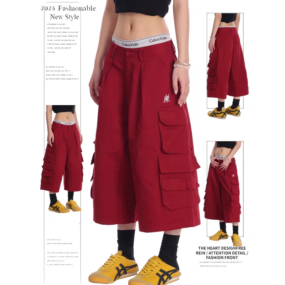 红色多口袋字母刺绣工装休闲短裤女春夏新款复古多巴胺宽松七分裤