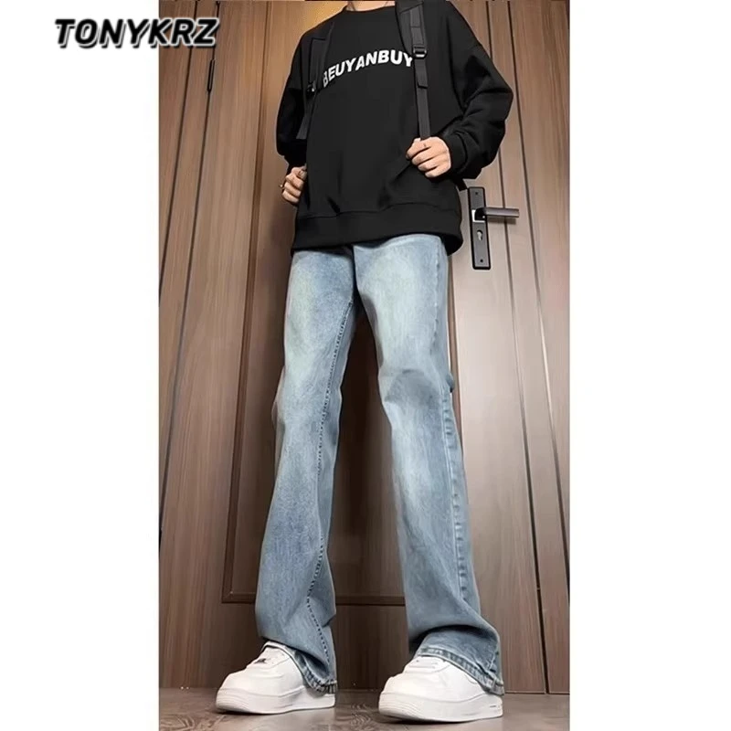 TONYKRZ水洗浅蓝色牛仔裤男美式复古高街直筒休闲显高微喇长裤子