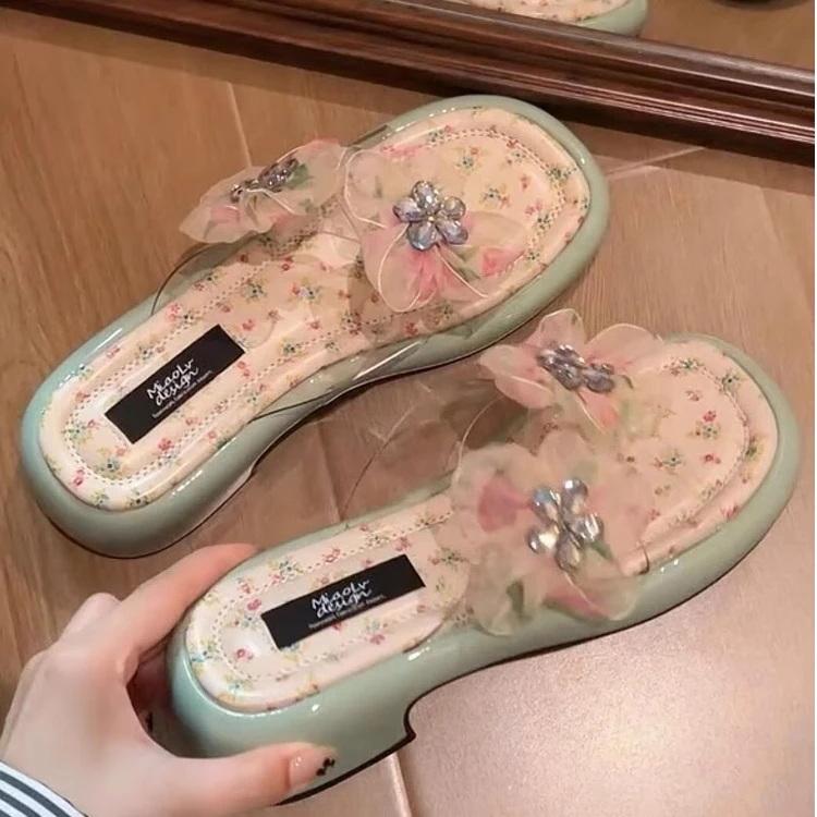 粗跟凉拖鞋女款夏外穿2025新款仙女风半拖配裙子法式露趾高跟凉鞋