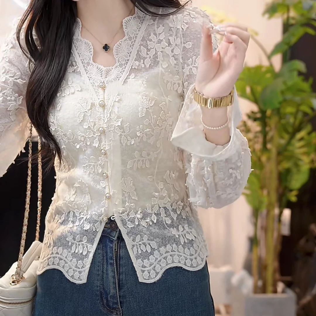 法式钩花蕾丝刺绣V领衬衫2025新款春设计感轻奢时尚气质雪纺衬衫