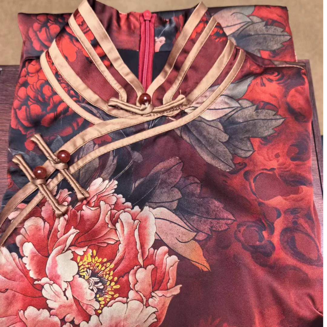 复古风薄款常规款法式高腰裙旗袍牡丹时尚新中式气质网红红色日常